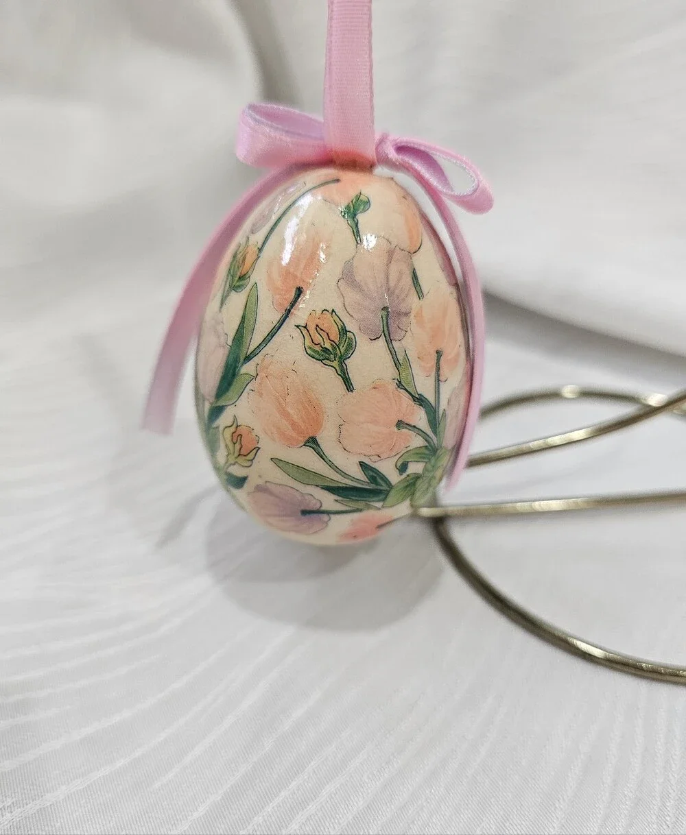 Vintage Paper Mache Floral Hanging Egg Ornament - Pinks
